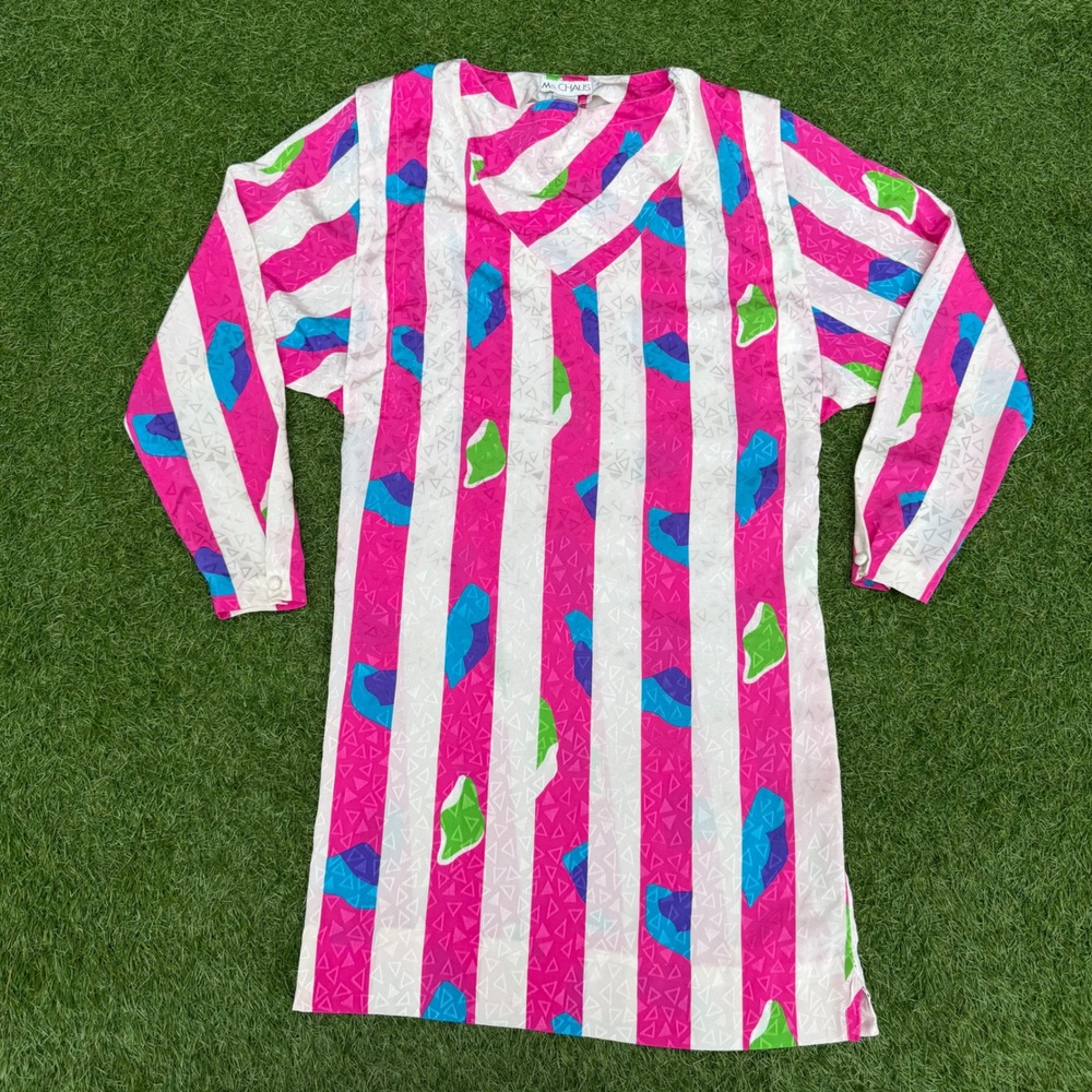 Vintage Ms. Chaus Dress Size XS Pink White Striped‎ Long Sleeve Retro 80s Funky
